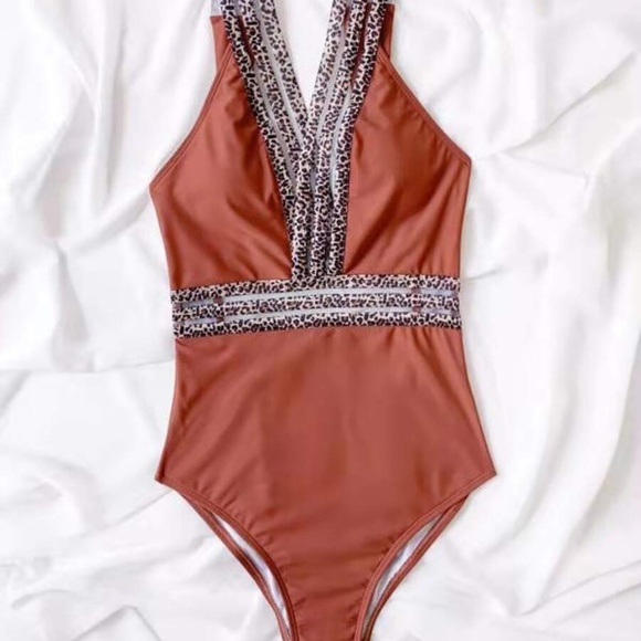 Rust Leopard Print Cut out Back One Piece Swim Monokini - Picture 6 of 9